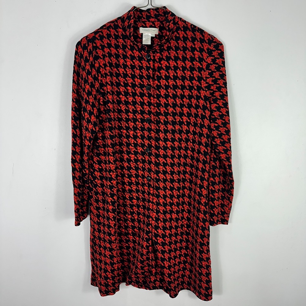 Coldwater Creek M Red Black Houndstooth Knit‎ Long Jacket Dress Retro Preppy